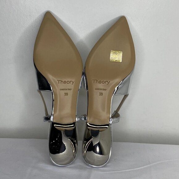 Theory Women’s Micro Slingback Metallic Pointed Toe Kitten Heel Pumps – Silver - Picture 6 of 8